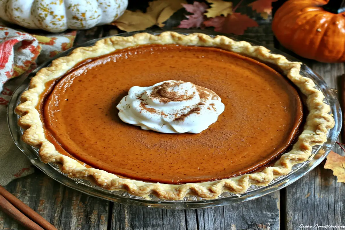 A beautifully baked pumpkin pie with a golden crust, smooth filling, and whipped cream, surrounded by autumn-themed decorations.