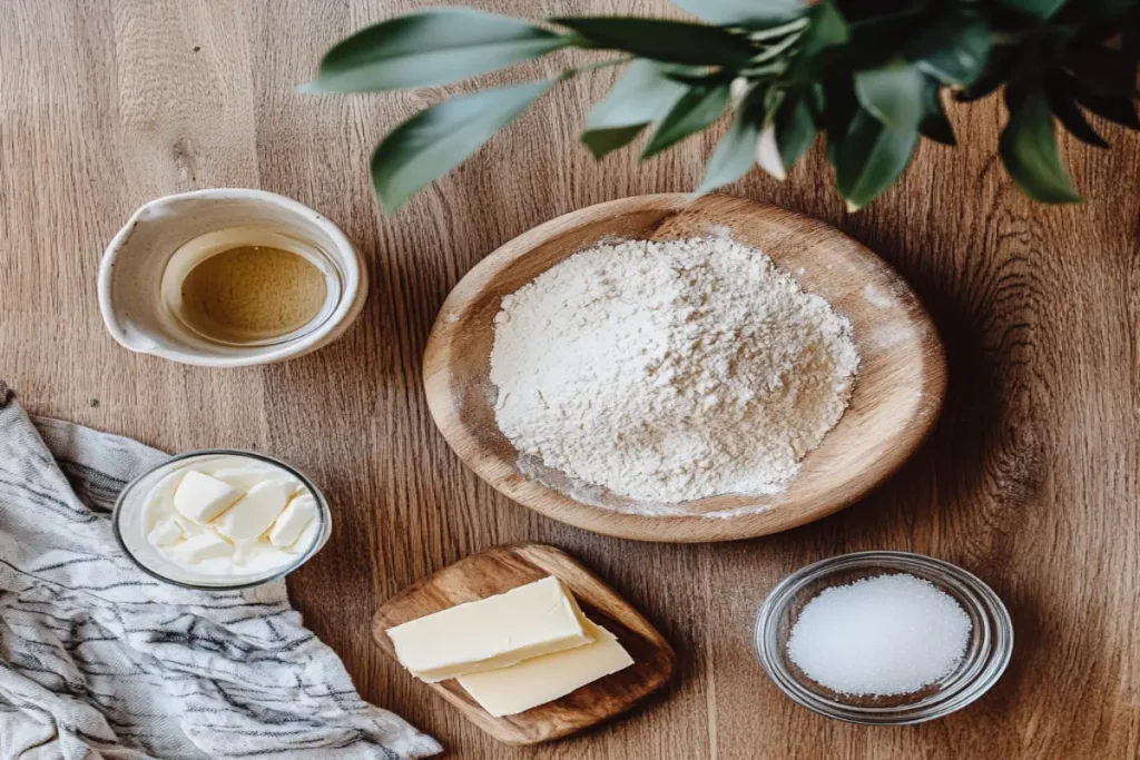 Ingredients for sourdough sandwich bread, including flour, sourdough starter, water, salt, sugar, and butter, laid out on a wooden countertop.