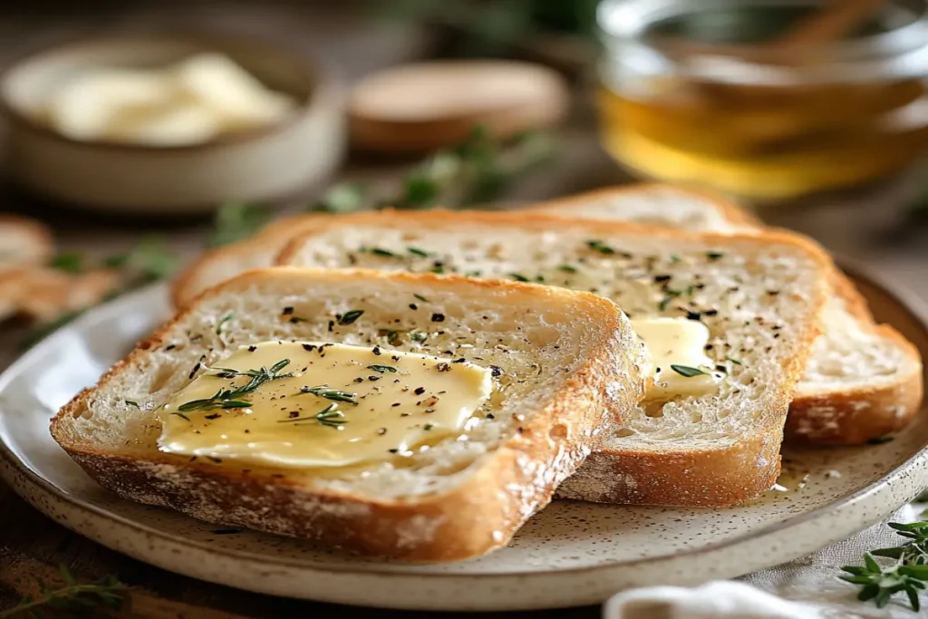 Slices of sourdough sandwich bread spread with butter, garnished with fresh herbs and honey, on a decorative plate.