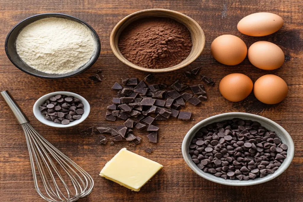 Ingredients for almond flour chocolate cookies, including almond flour, cocoa powder, chocolate chips, and brown sugar.