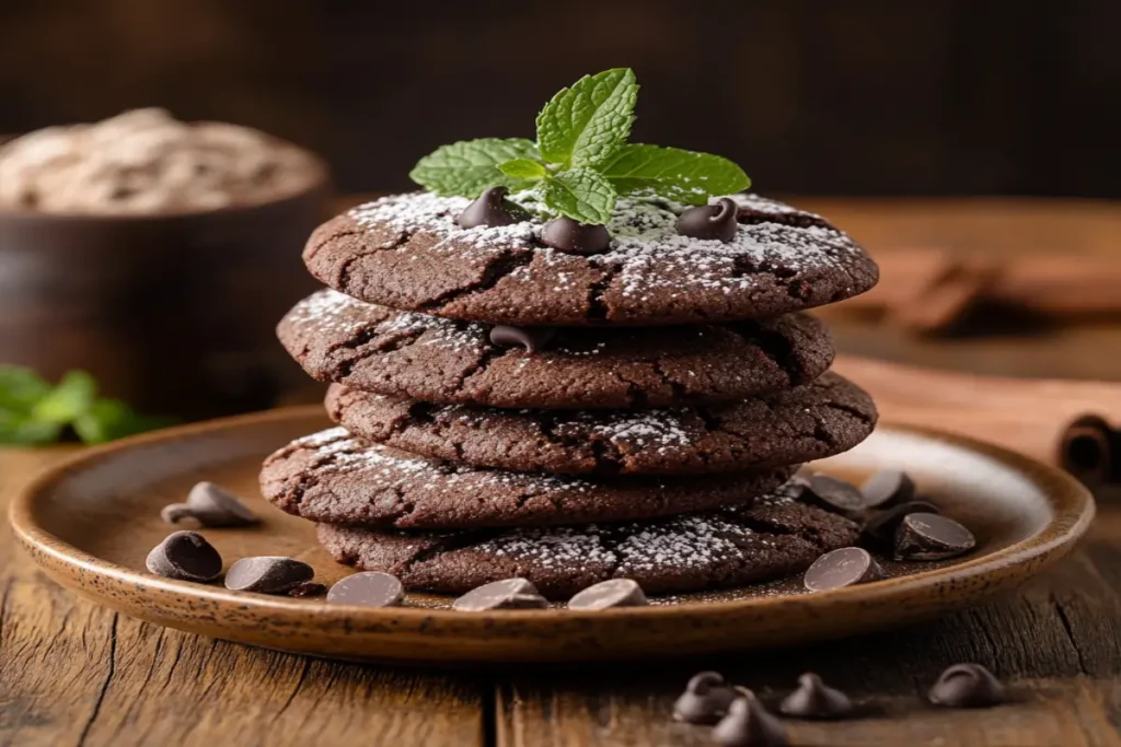Decorated almond flour chocolate cookies stacked on a plate, dusted with powdered sugar, and garnished with chocolate chips and mint.