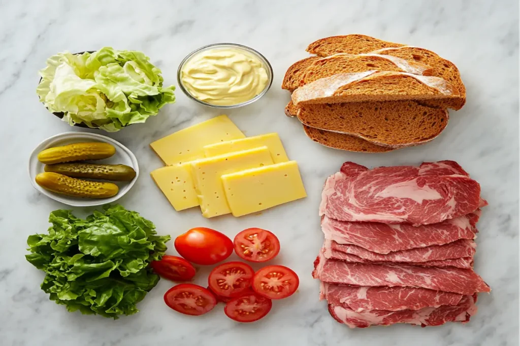 Ingredients for a beef and cheese deli sandwich, including roast beef, cheddar cheese, lettuce, tomatoes, mayonnaise, and artisan bread.
