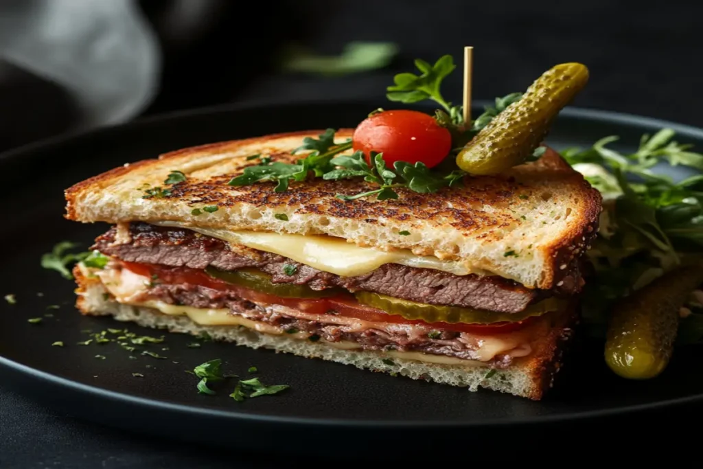 A decorated beef and cheese deli sandwich, garnished with a skewer holding a cherry tomato and pickle, served on a black plate.
