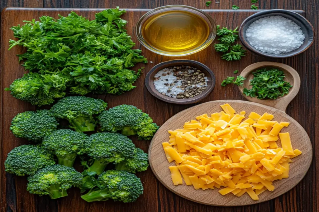 Ingredients for air-fried broccoli and cheese, including fresh broccoli, cheddar cheese, olive oil, and seasonings, displayed on a countertop.