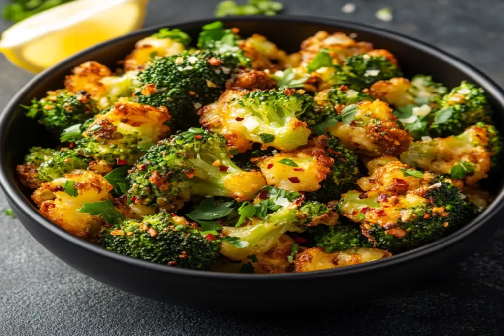Decorated air-fried broccoli and cheese with parsley and red pepper flakes, served in a black bowl with lemon wedges.