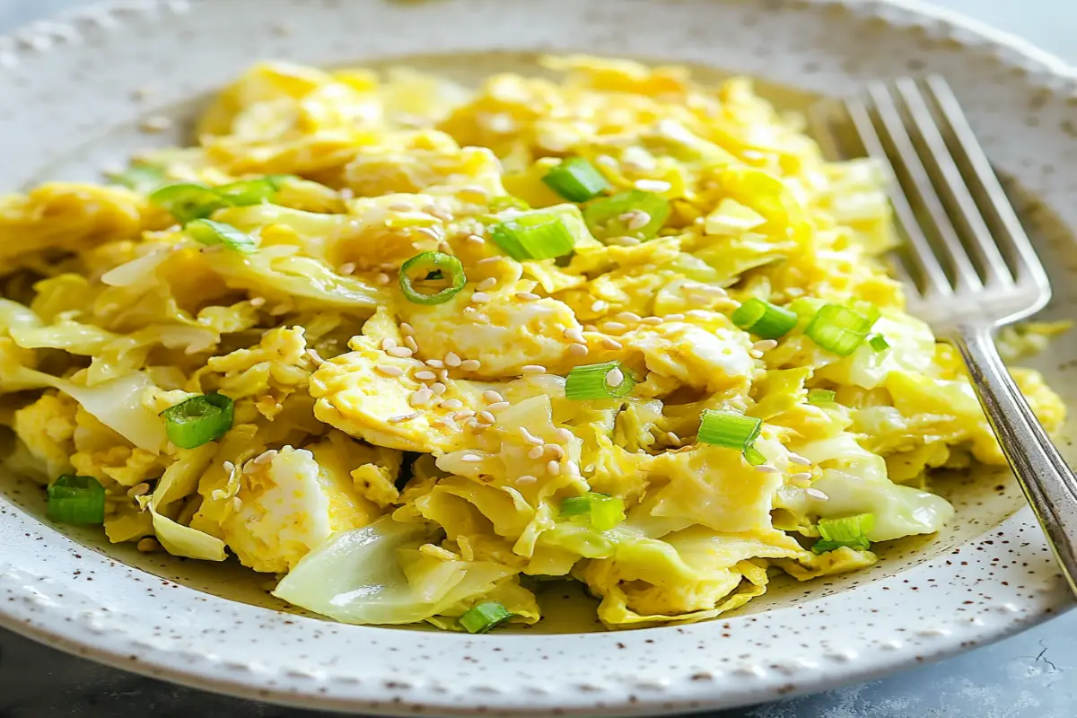 A plate of stir-fried cabbage and eggs, garnished with green onions and sesame seeds, served in a white bowl.