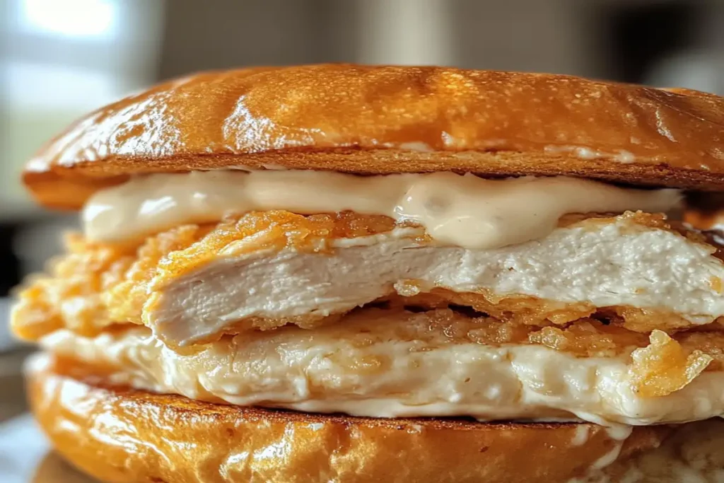 A close-up of a crispy chicken sandwich with a glossy brioche bun, creamy sauce, and golden fried chicken, highlighting its rich, moist layers.