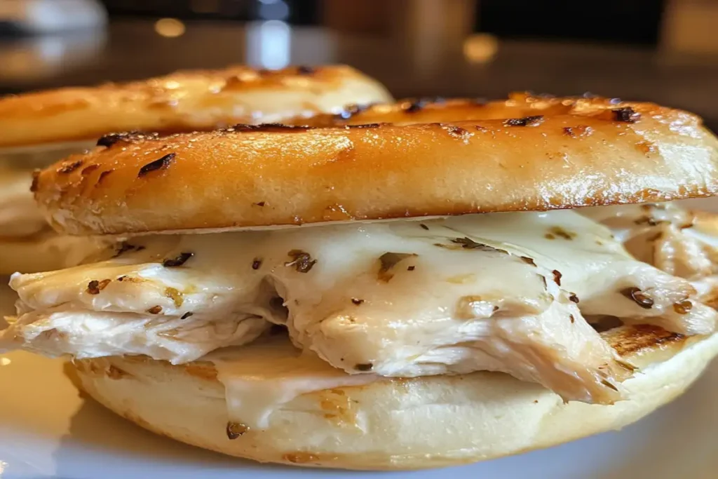 A toasted bagel sandwich filled with tender chicken, melted cheese, and herbs, showcasing its golden crust and savory filling.