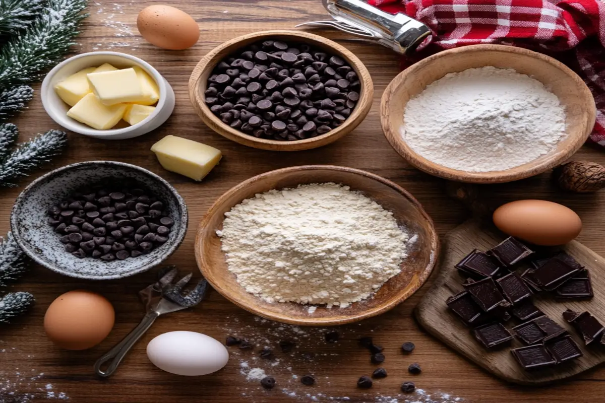 Ingredients for chocolate chip Christmas cookies, including flour, sugar, chocolate chips, eggs, butter, and vanilla extract, laid out on a wooden countertop.