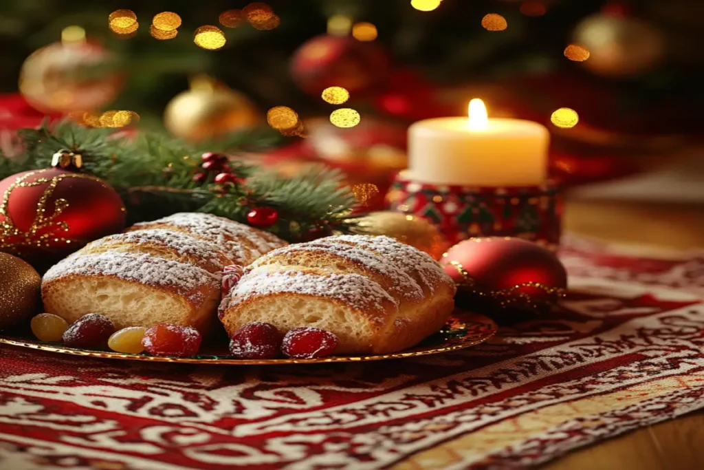 Christmas bread decorated with powdered sugar, candied fruits, and a festive ribbon on a holiday-themed platter.