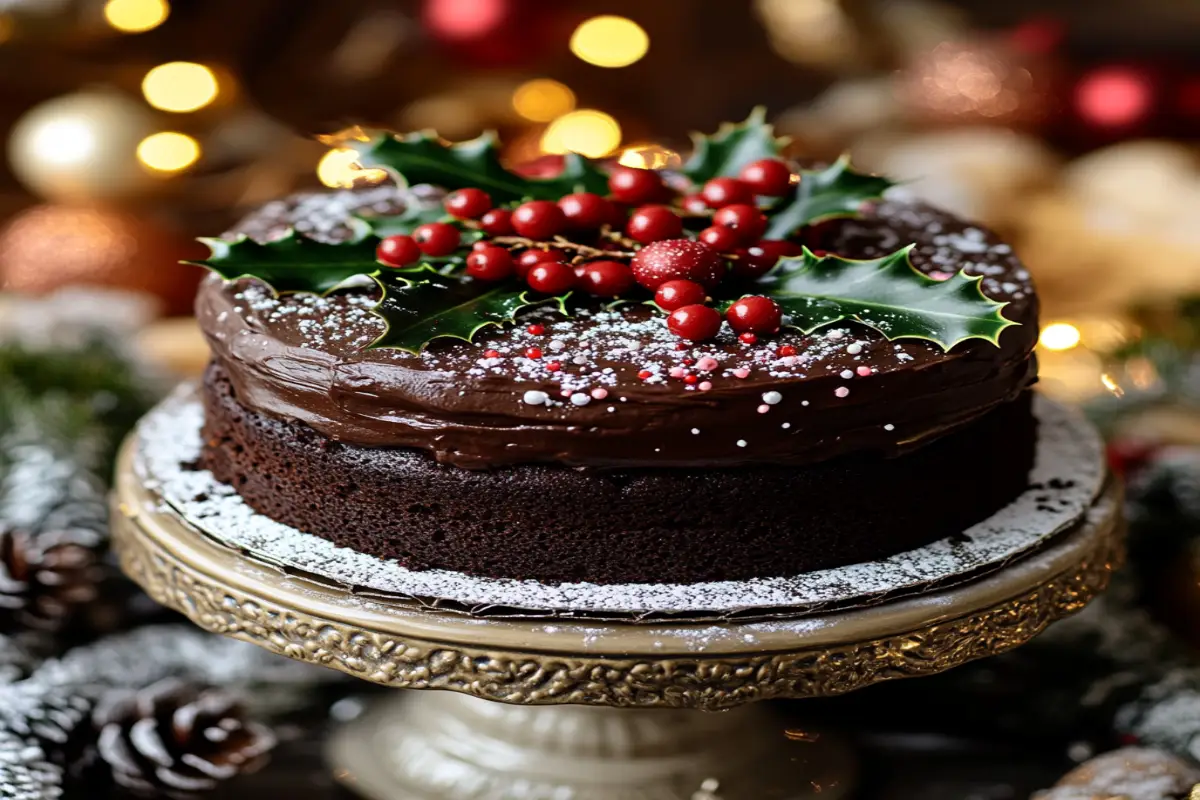 Rich Christmas chocolate cake topped with chocolate ganache, powdered sugar, holly leaves, and red berries, displayed on a decorative cake stand.