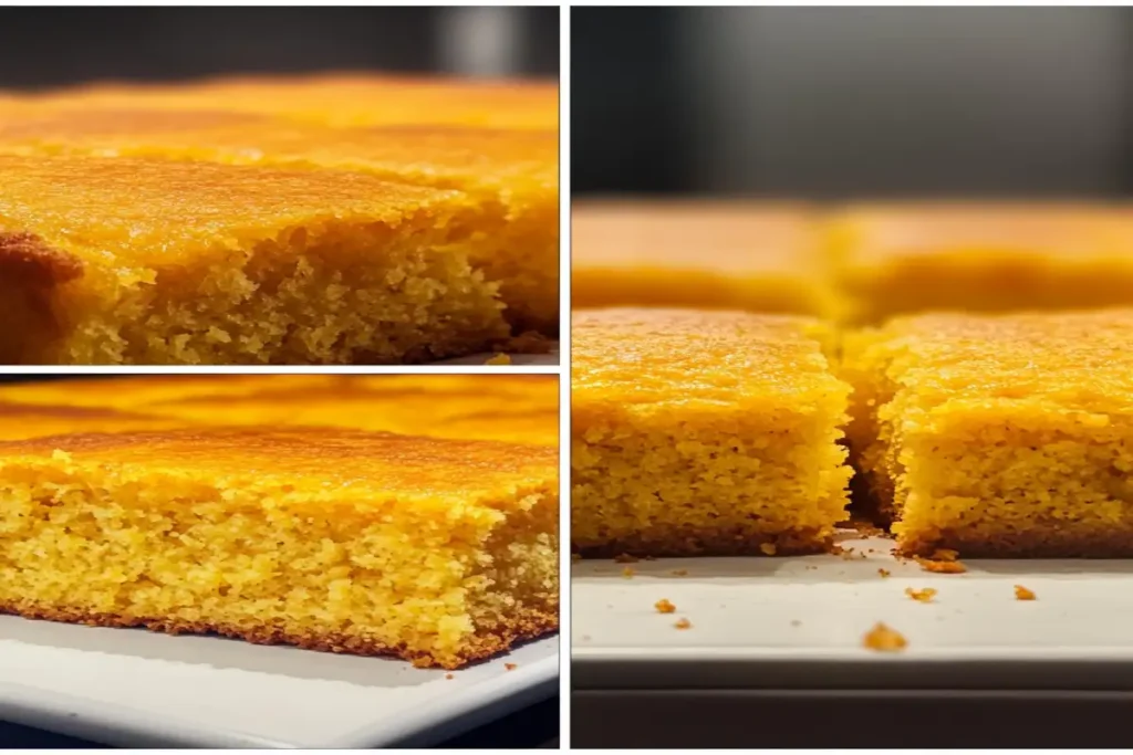 A collage of three close-up views of golden, fluffy cornbread slices. The top-left image highlights the crumbly yet moist texture of a slice, the bottom-left image shows the perfectly baked crust and airy interior, and the right image captures a stack of cornbread pieces with golden edges and a tender crumb.
