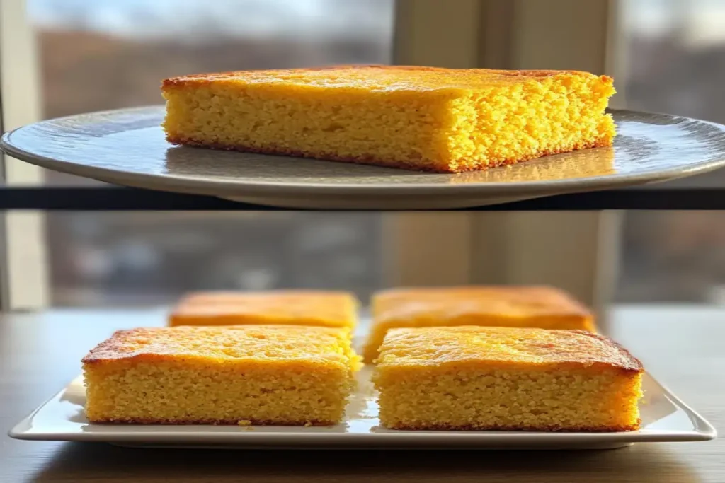 Two views of golden, moist Southern cornbread slices. The top image shows a single slice displayed on a round plate, highlighting its fluffy texture and golden crust. The bottom image features multiple slices arranged on a rectangular white plate, emphasizing their even baking and rich color.