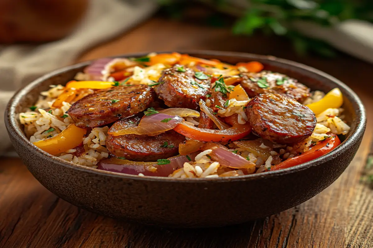 A bowl of Kielbasa and rice topped with fresh parsley, surrounded by colorful ingredients on a wooden table.