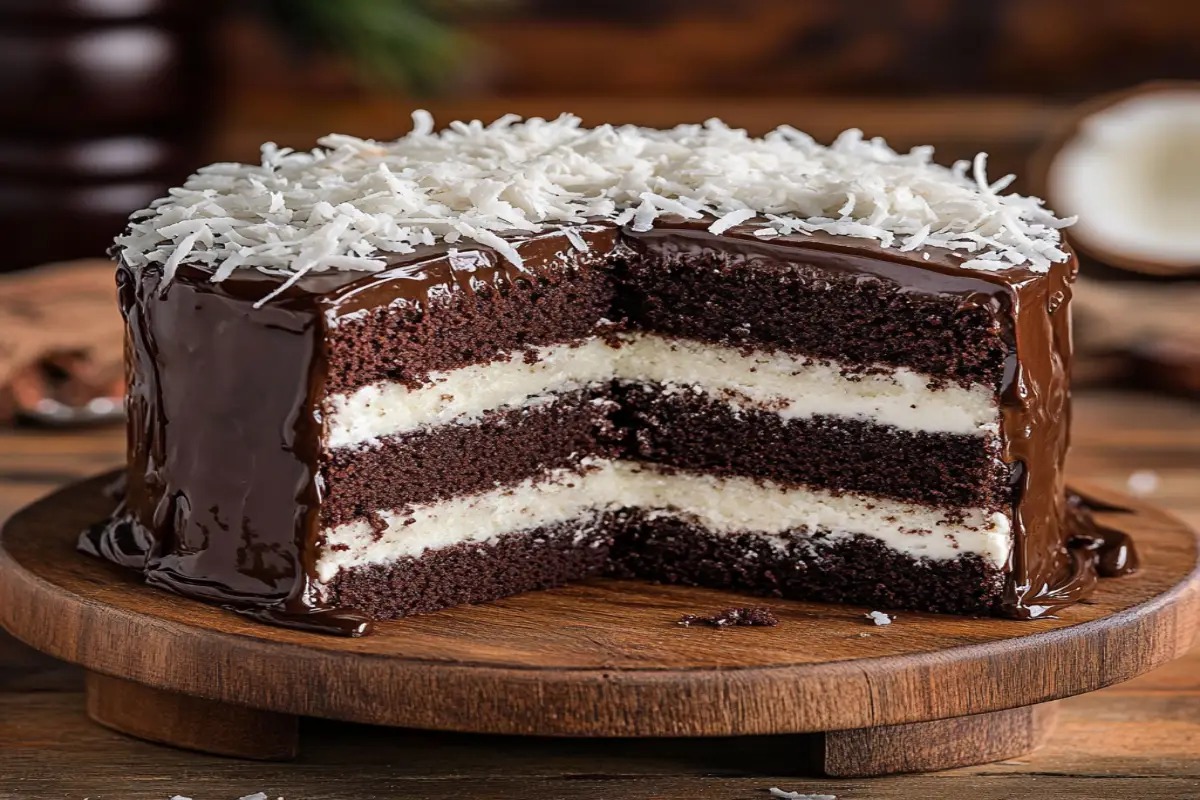 A rich Mounds cake with chocolate ganache and coconut filling.