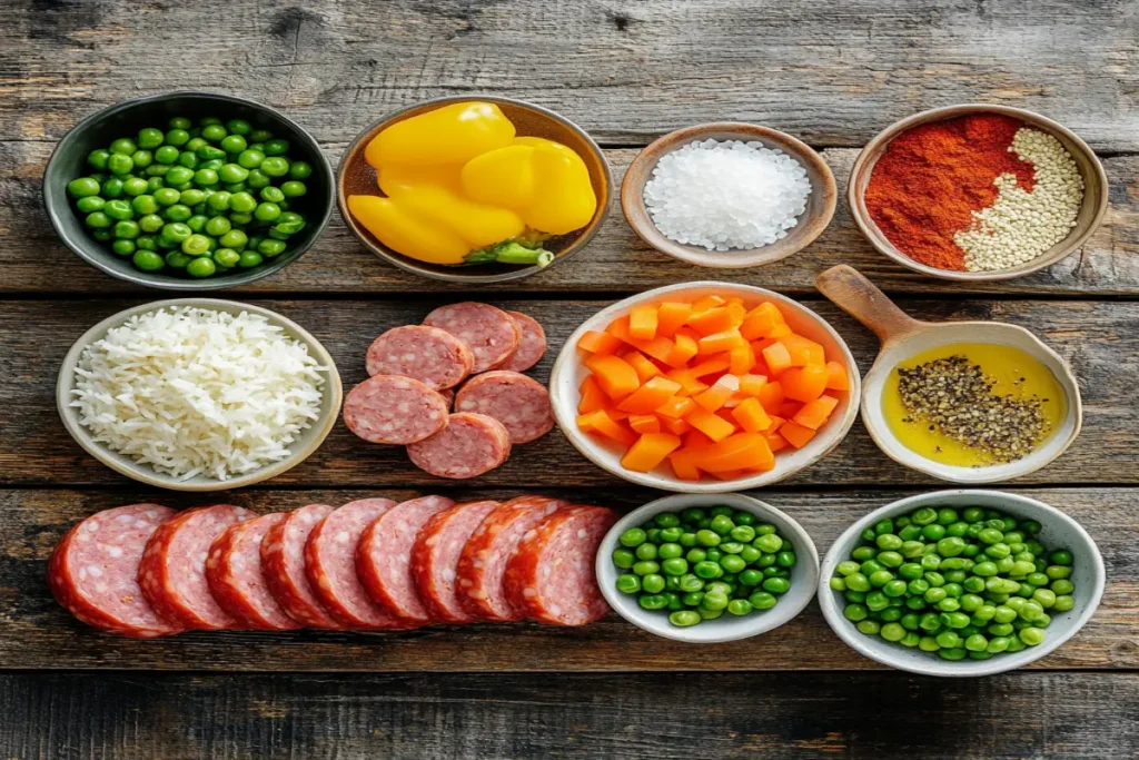 Ingredients for Turkey Kielbasa with rice, including sausage, vegetables, rice, and seasonings.