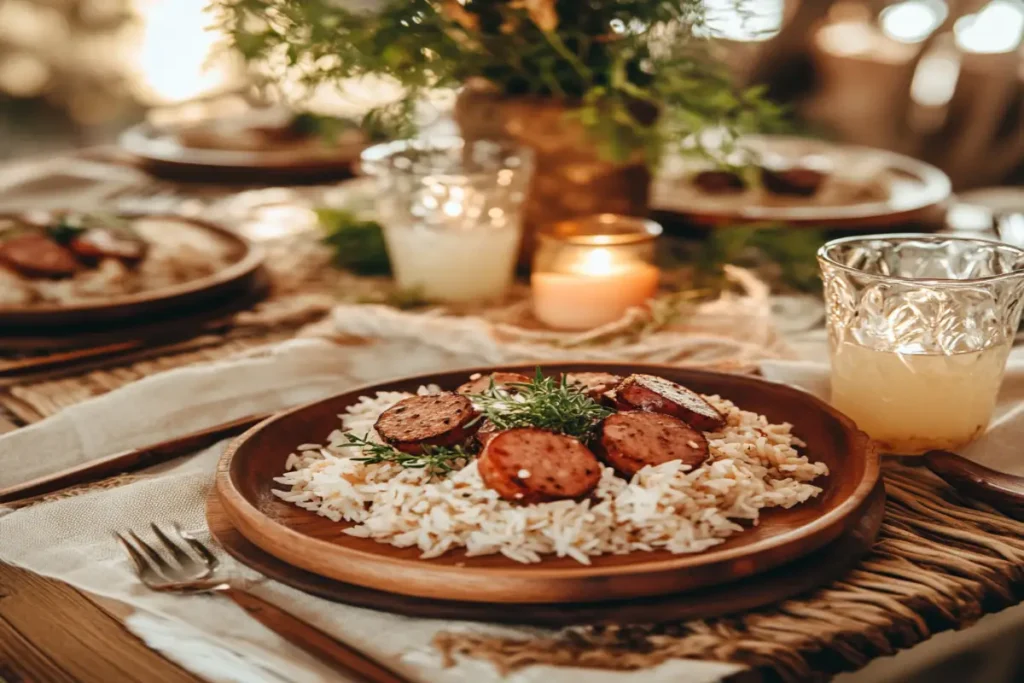 A dining table set with wooden plates, linen napkins, and a centerpiece of fresh herbs.