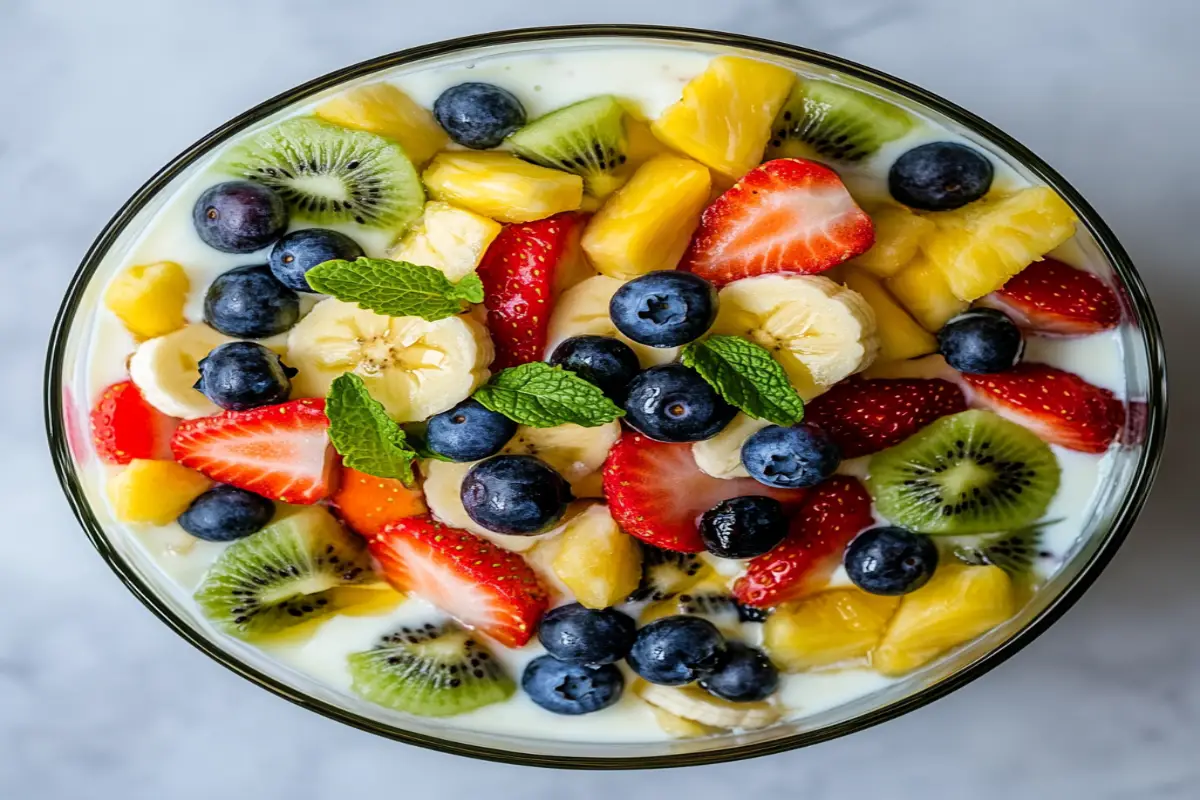 A bowl of fruit salad with yogurt, featuring fresh fruits like strawberries, blueberries, and kiwi, garnished with mint leaves.