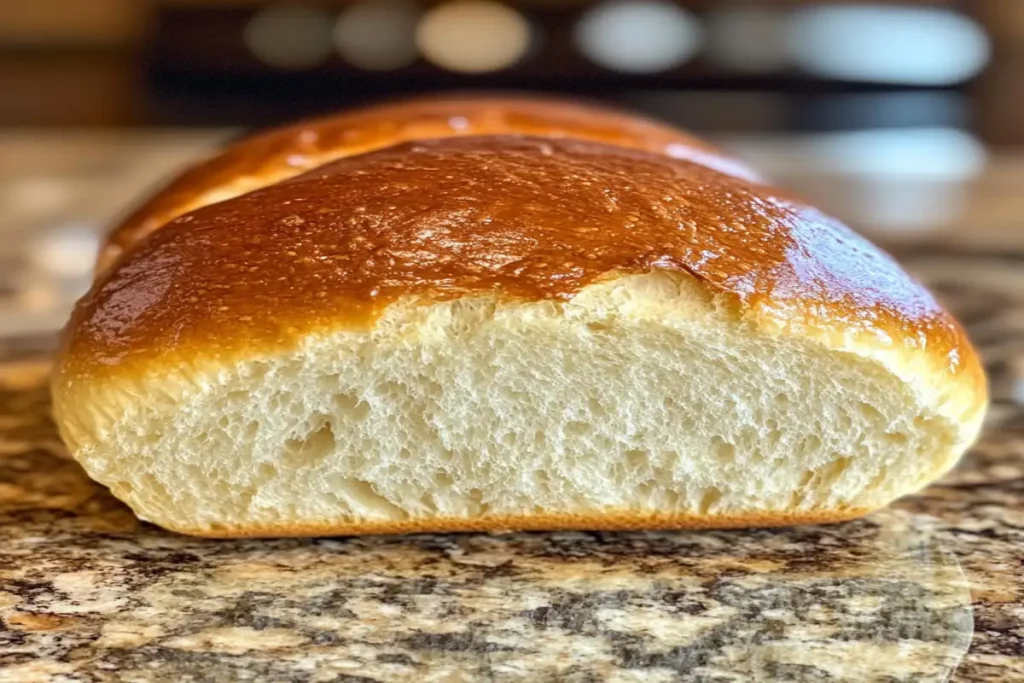 A soft, shiny loaf of bread with a golden, glossy crust and light, airy interior, placed on a granite countertop.