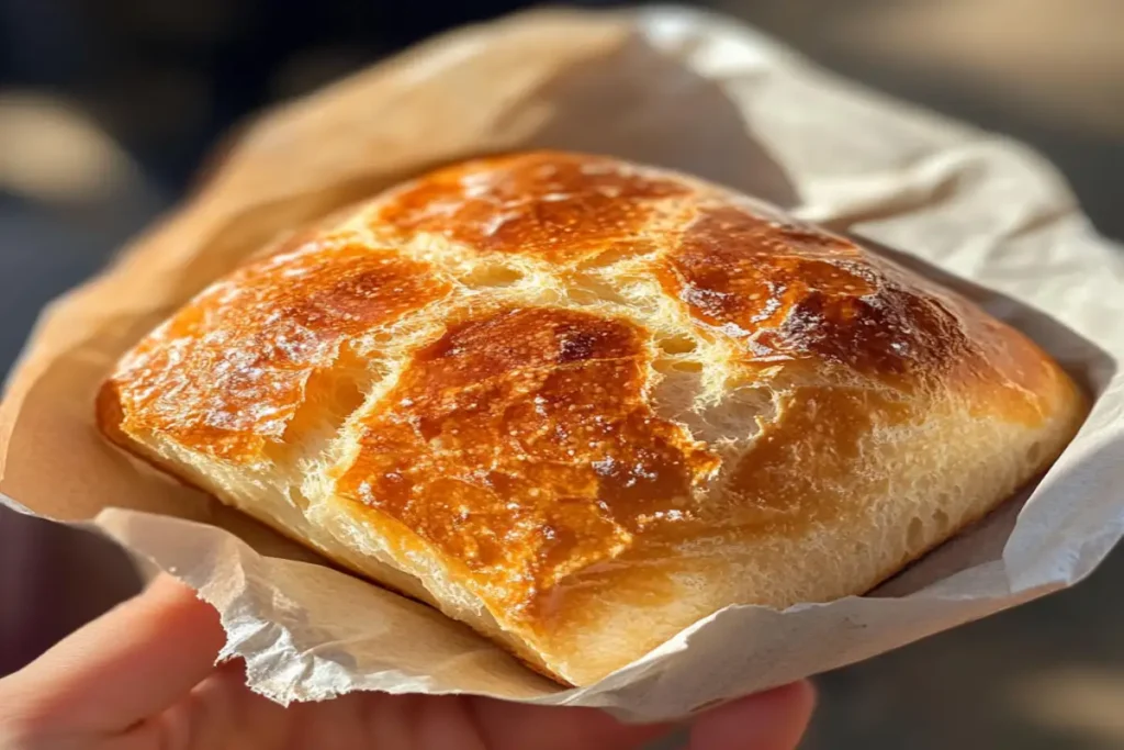 A golden, glossy bread roll with a soft interior, wrapped in parchment paper and held in hand, showcasing its moist texture and perfect crust.