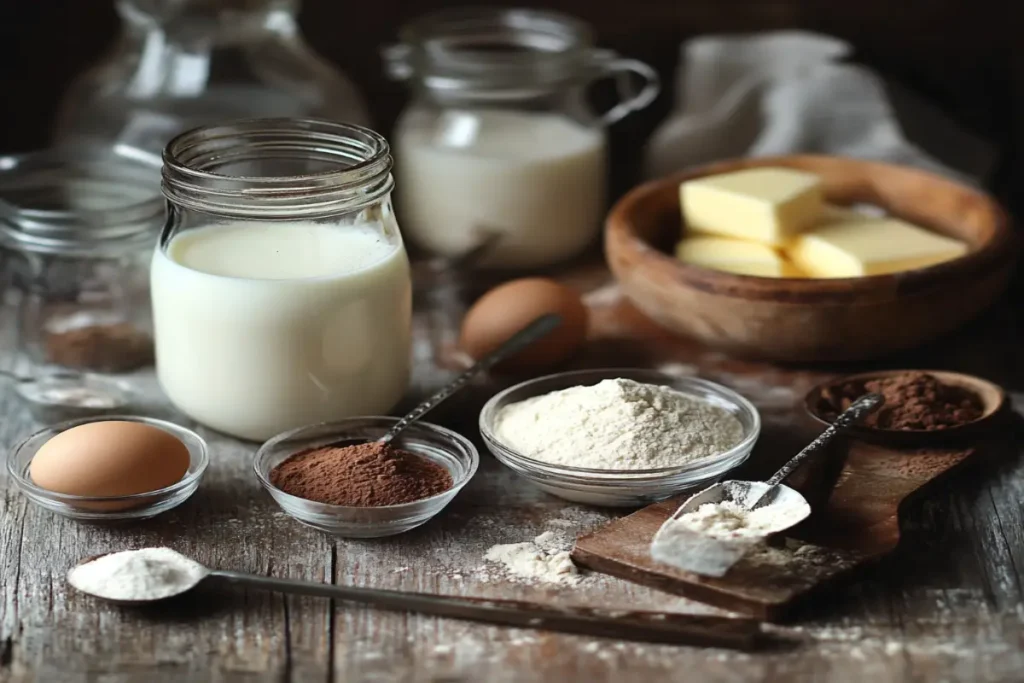 Ingredients for cupcakes using milk or water, including milk, water, flour, eggs, and sugar, on a rustic countertop.