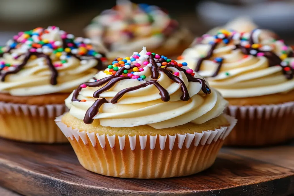 Decorated cupcakes with buttercream swirls and chocolate drizzle, showcasing milk and water-based versions.