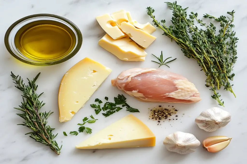 A top-down view of ingredients for cheesy chicken recipes, including various cheeses, raw chicken, fresh herbs, and spices on a white countertop.