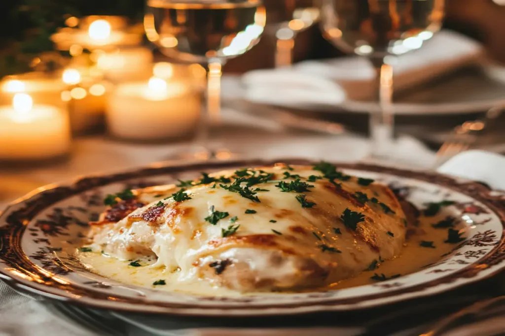 A close-up of cheesy baked chicken garnished with parsley, served on a decorative plate with elegant table settings.