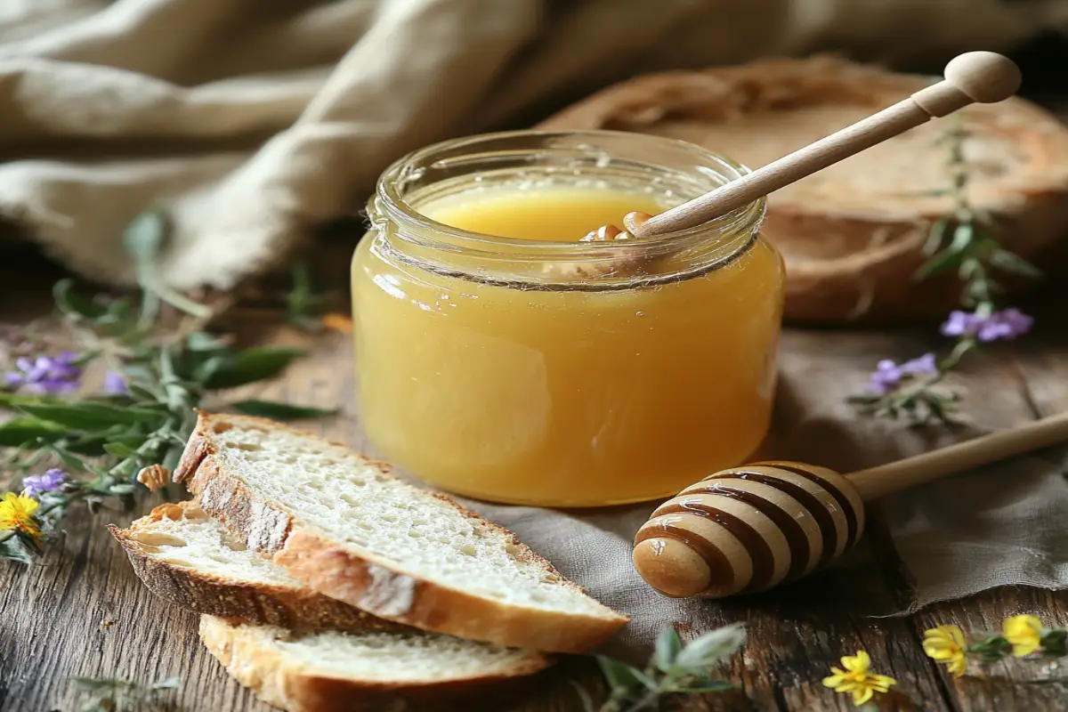 A jar of creamed honey with a honey dipper, artisan bread slices, and wildflowers on a rustic wooden table