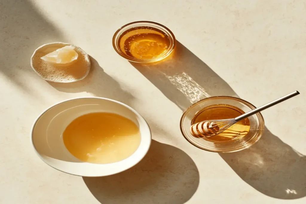 Ingredients for creamed honey, including liquid honey in a bowl, a whisk, a glass of water, and a mixing bowl on a clean countertop.