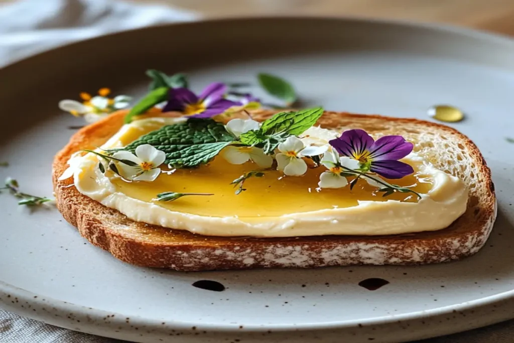 A slice of toasted bread with creamed honey spread, garnished with a drizzle of liquid honey, edible flowers, and fresh mint.