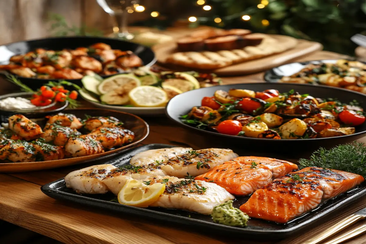 A table full of fish dishes including fried fish, baked cod, and grilled salmon with sides of vegetables and lemon wedges.
