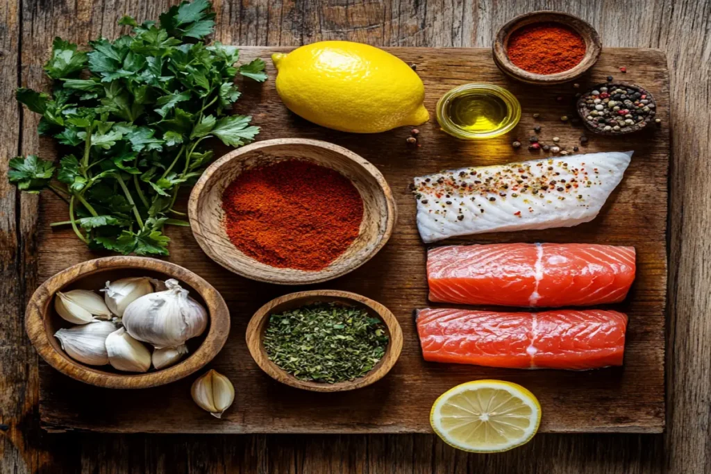 Fresh fish fillets with herbs, spices, and other ingredients on a wooden surface.