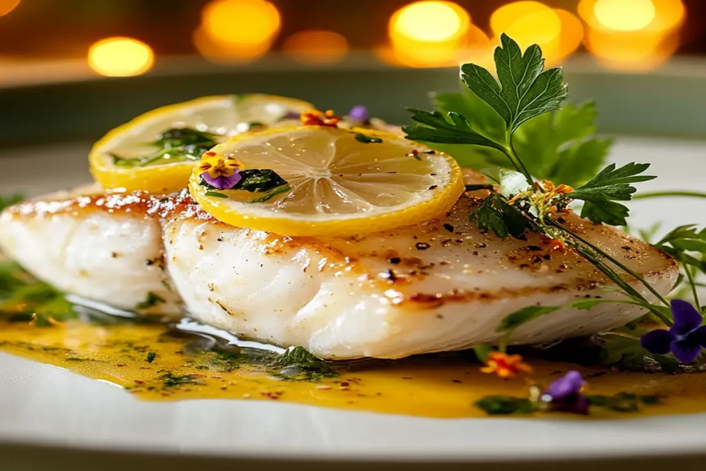 A beautifully decorated fish dish garnished with lemon, parsley, and edible flowers.