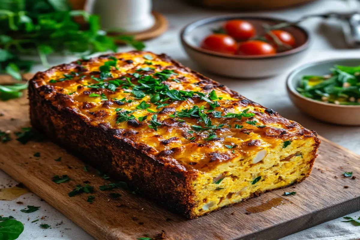 A vibrant and appetizing vegan egg loaf garnished with fresh parsley on a wooden cutting board, surrounded by bowls of cherry tomatoes and mixed greens, set in a rustic kitchen atmosphere.
