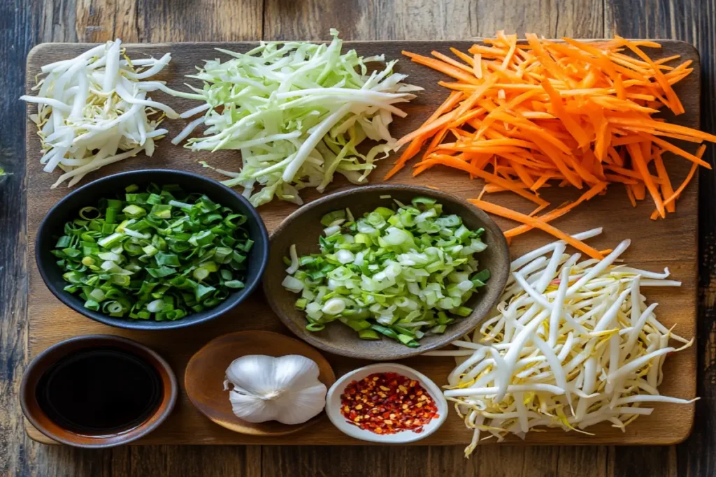 Fresh ingredients for vegetable egg rolls, including carrots, cabbage, and wrappers.