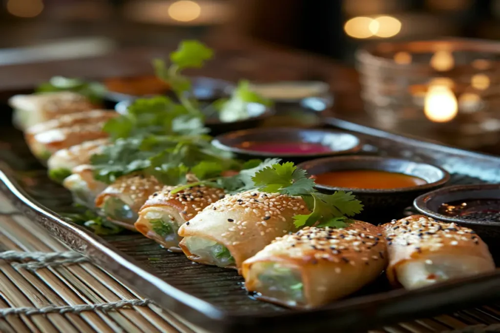 Decorative platter of vegetable egg rolls with garnishes and sauces.