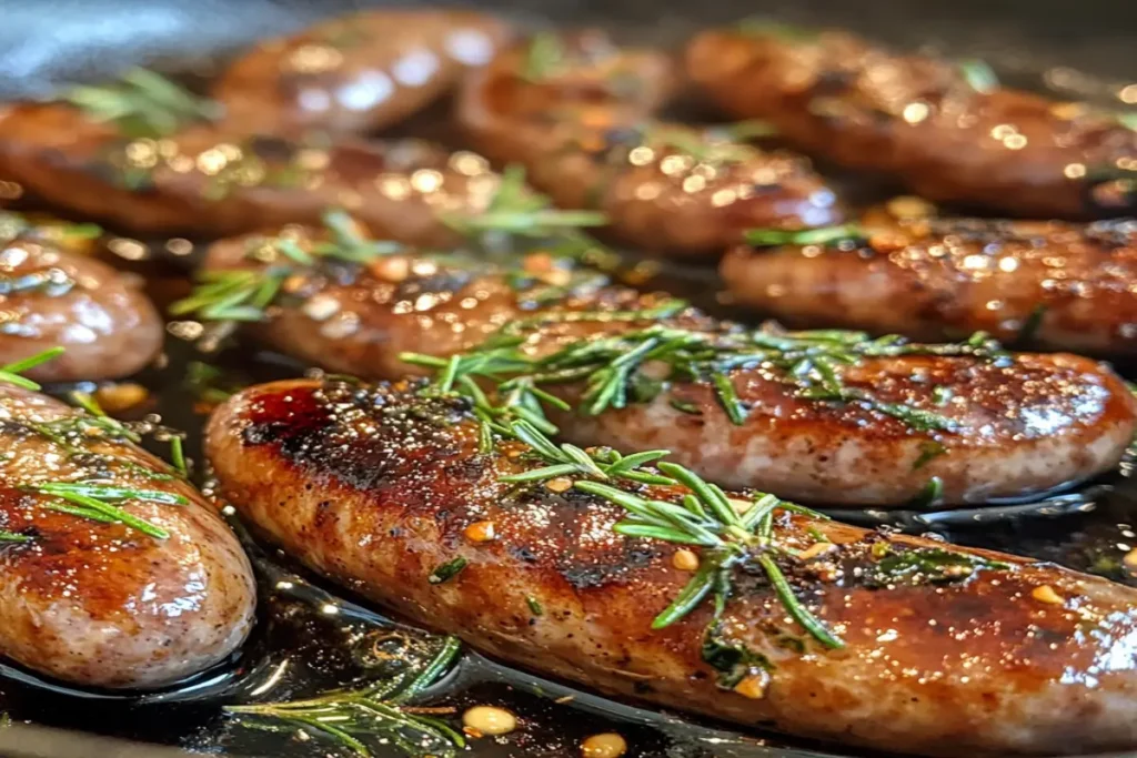 Close-up view of sizzling beef sausages in a skillet, garnished with fresh rosemary and golden spices, glistening with a light oil coating.