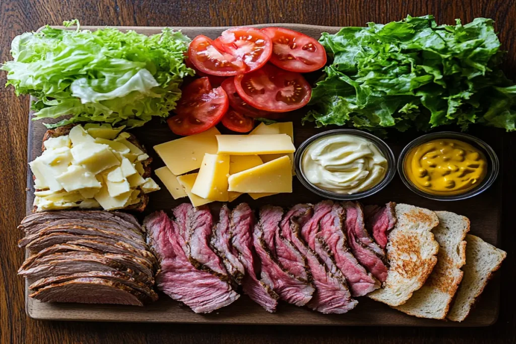Ingredients for a beef and cheese deli sandwich: roast beef, Swiss cheese, lettuce, tomatoes, bread, and condiments.