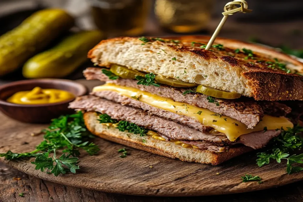 Decorative presentation of a beef and cheese deli sandwich with garnishes and dipping sauce.