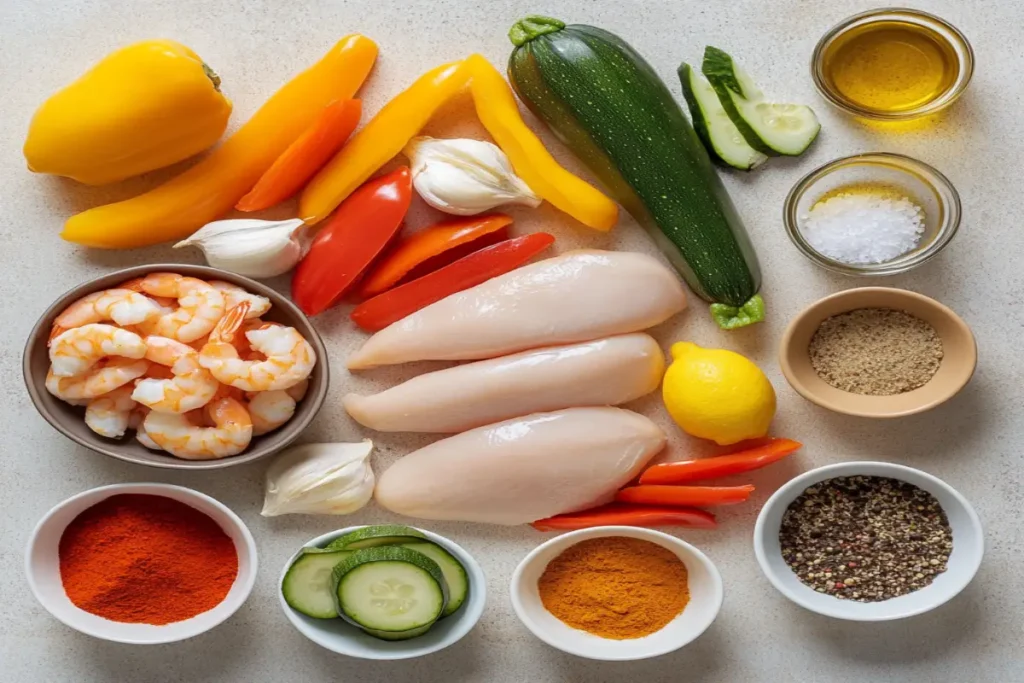 Ingredients for chicken and shrimp recipes, including chicken, shrimp, vegetables, and spices.