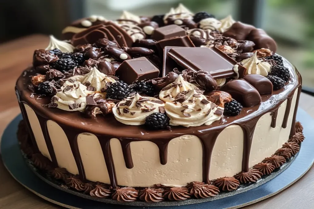 Exquisite chocolate cake adorned with chocolate bars, truffles, whipped cream swirls, and blackberries, with glossy chocolate ganache dripping over the edges.