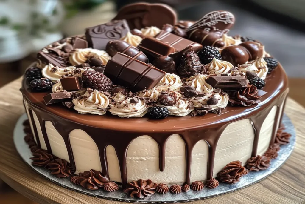 Elegant chocolate cake with chocolate ganache dripping over the sides, topped with whipped cream swirls, chocolate bars, truffles, and fresh blackberries.