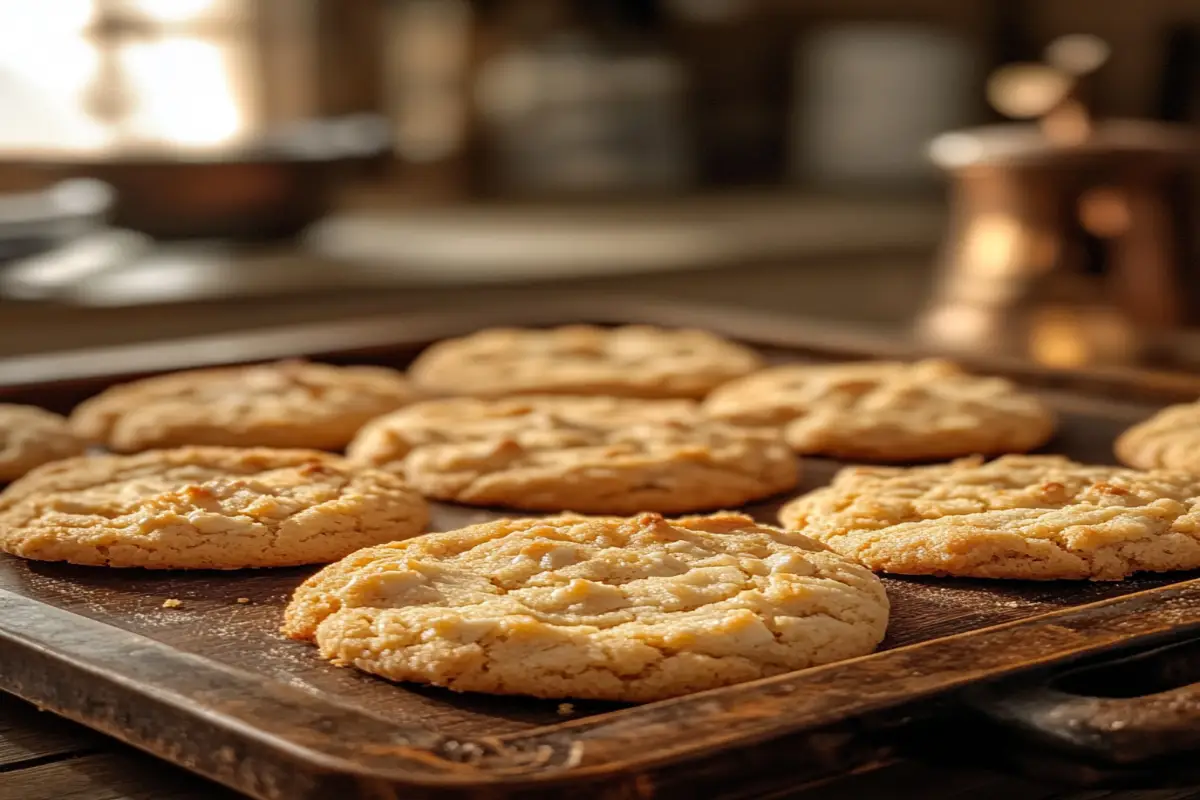 Freshly baked Crumbl cookies on a wooden tray with golden edges.