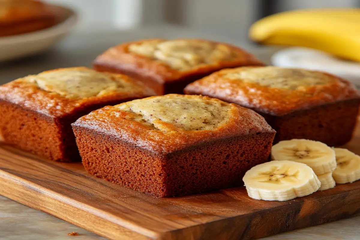 Freshly baked mini banana bread loaves with a golden-brown crust, sliced bananas, and a cozy kitchen background.
