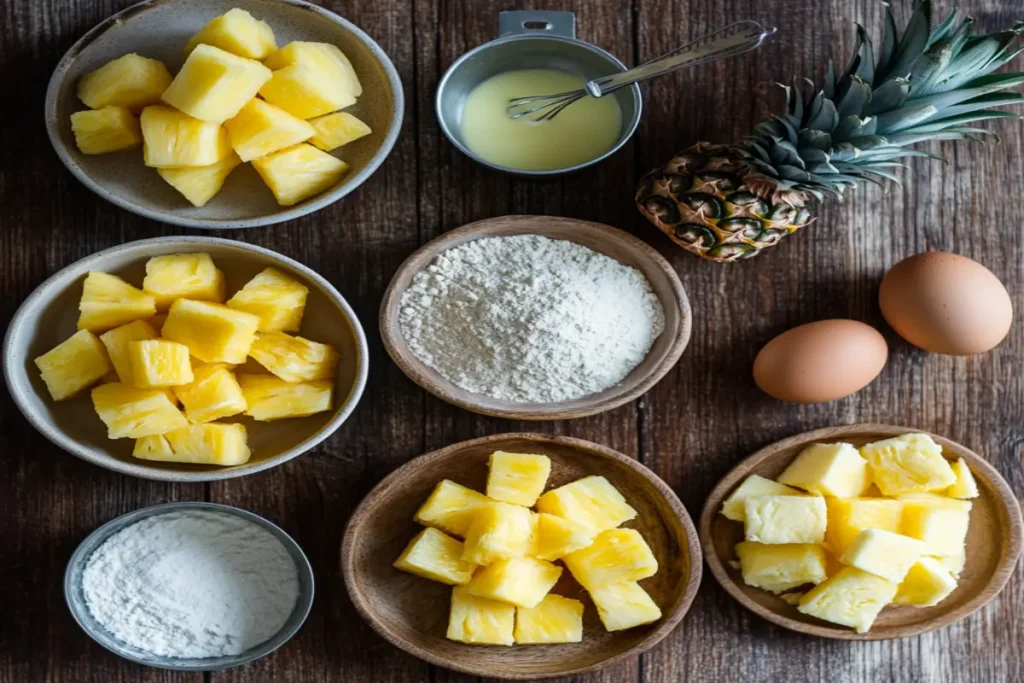 Ingredients for pineapple loaf bread: fresh pineapple chunks, flour, sugar, eggs, butter, baking powder, and vanilla displayed neatly on a wooden surface.