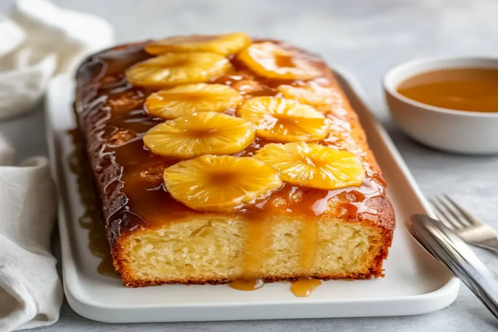 A pineapple loaf bread decorated with caramelized pineapple slices and a glossy glaze, served on a white plate.