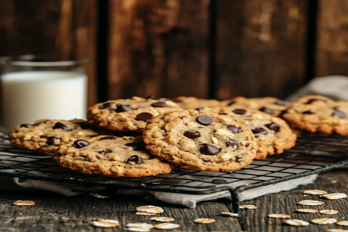 Golden-brown protein cookies with chocolate chips and oats, displayed on a cooling rack next to a glass of milk.