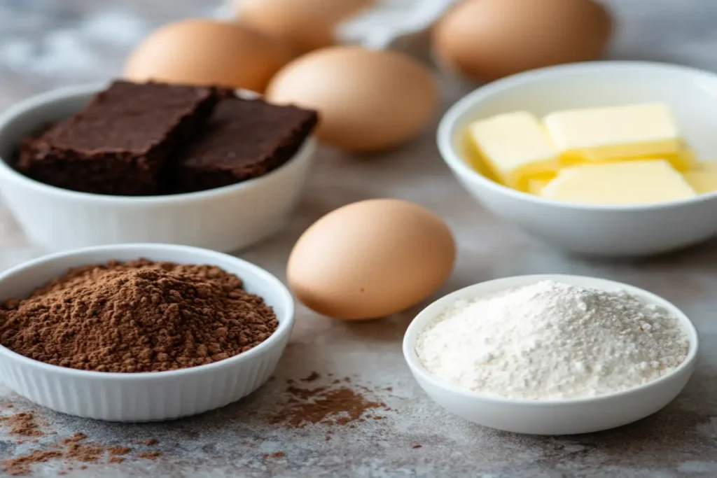 Ingredients for making cake from brownie mix, including eggs, milk, butter, and baking powder.