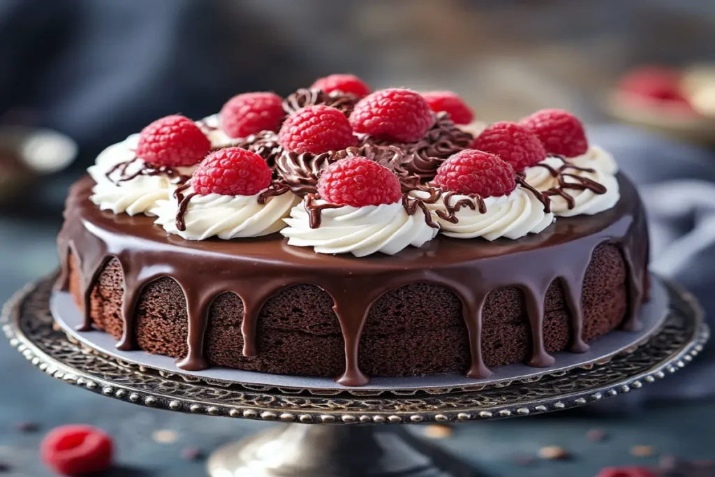 Chocolate cake decorated with ganache, whipped cream, and raspberries.